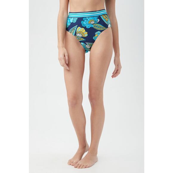 NWT Trina Turk Pirouette Navy High Waist Banded Printed Swim Bottom 10 - Picture 1 of 6
